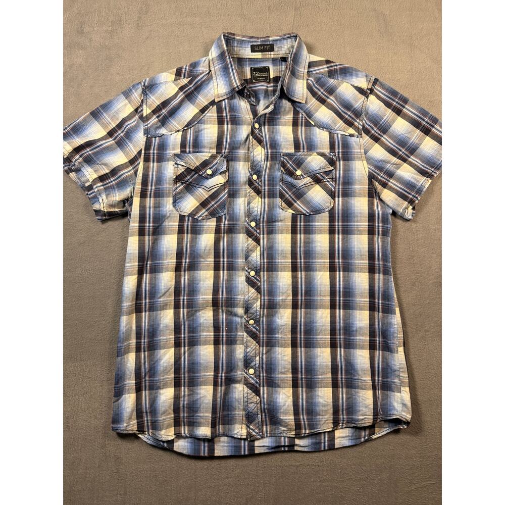 7 Diamonds Men’s Pearl Snap Blue White Plaid Short Sleeve Button Shirt Large